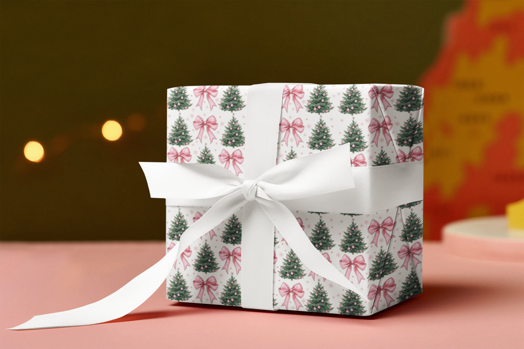 Festive Christmas Wrapping Paper with Pink Bows and Wreaths