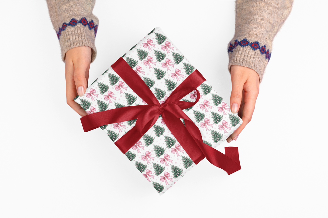 Festive Christmas Wrapping Paper with Pink Bows and Wreaths