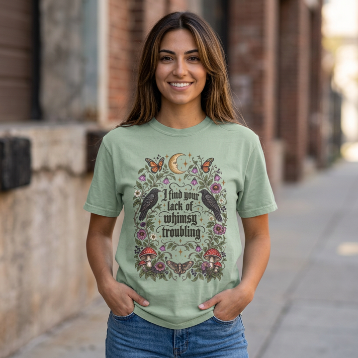 Comfort Colors Lack of Whimsy Crow TShirt, Witchy Autumn Tee, Celestial Moth Raven Halloween Shirt
