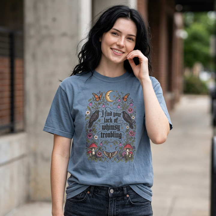 Comfort Colors Lack of Whimsy Crow TShirt, Witchy Autumn Tee, Celestial Moth Raven Halloween Shirt