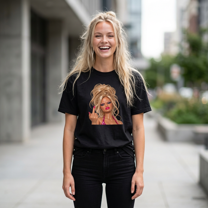 Middle Finger Meme Doll Retro Glam Diva T‑Shirt Sassy Sarcastic Joke Graphic Tee Women Humor Gag Shirt