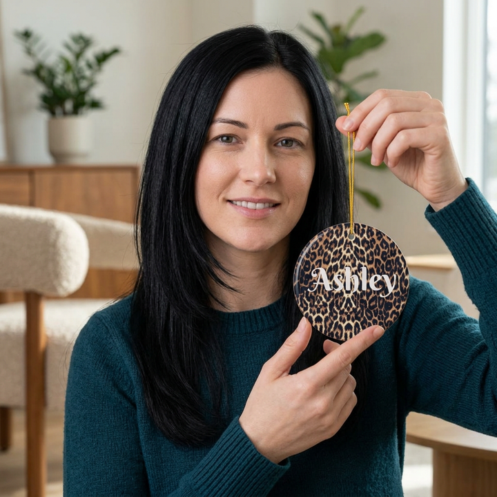 Leopard Print Personalized Ceramic Ornament Custom Name Holiday Decoration