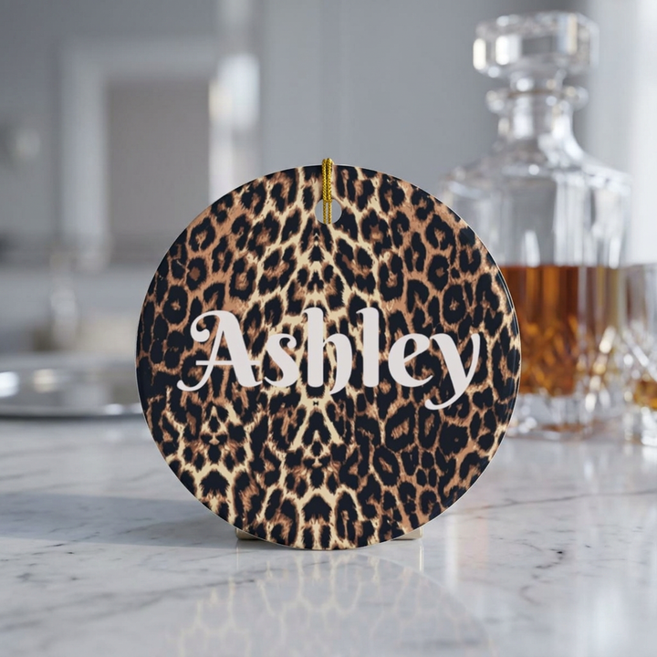 Leopard Print Personalized Ceramic Ornament Custom Name Holiday Decoration