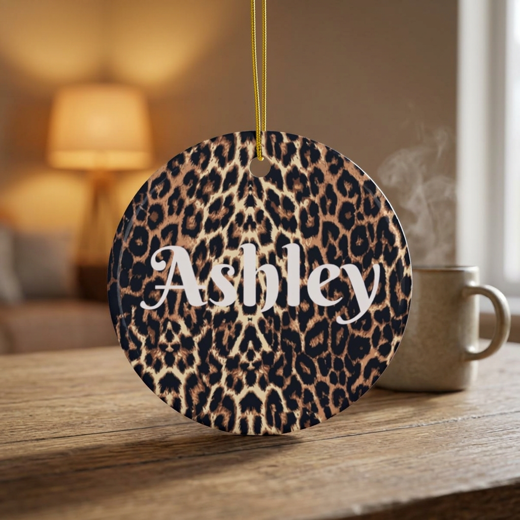 Leopard Print Personalized Ceramic Ornament Custom Name Holiday Decoration