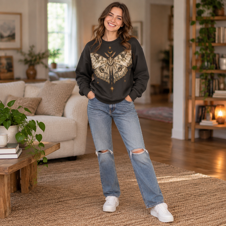 Celestial Moth Sweatshirt Whimsigoth Golden Moon Star Nature