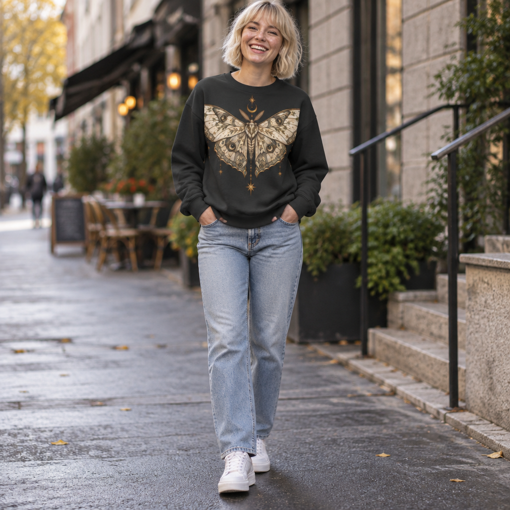 Celestial Moth Sweatshirt Whimsigoth Golden Moon Star Nature