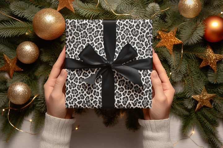 Leopard Print Wrapping Paper Roll Black, White Luxury Gift Wrap for Birthdays, Christmas, Holidays, and Stylish Celebrations
