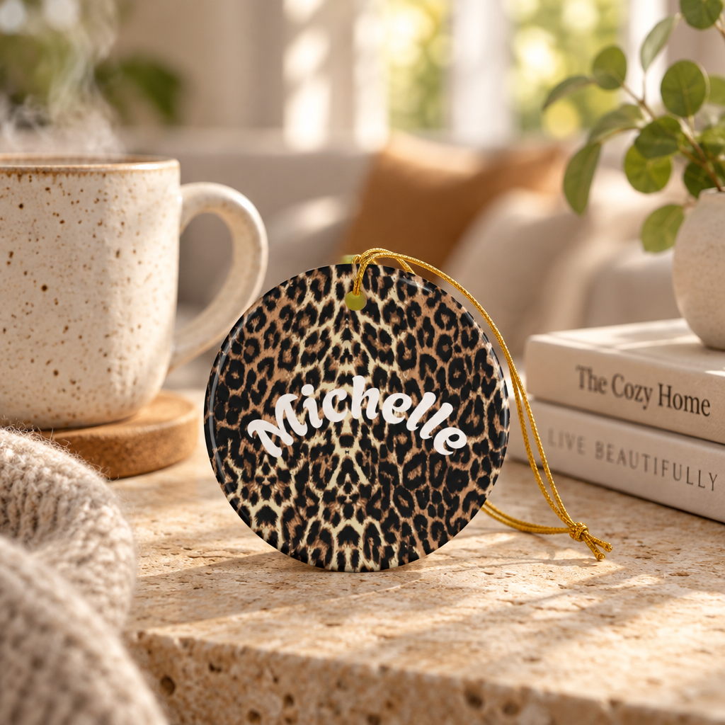 Leopard Print Personalized Ceramic Ornament Custom Name Holiday Decoration Circle, Heart, Star or Snowflake