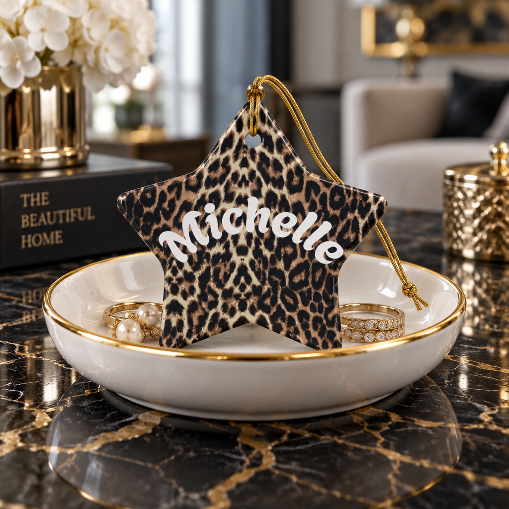 Leopard Print Personalized Ceramic Ornament Custom Name Holiday Decoration Circle, Heart, Star or Snowflake