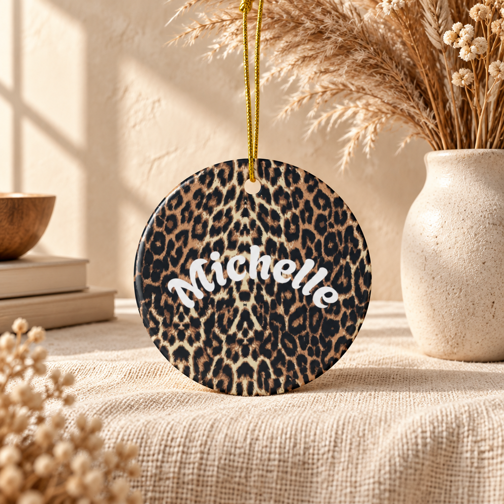 Leopard Print Personalized Ceramic Ornament Custom Name Holiday Decoration Circle, Heart, Star or Snowflake