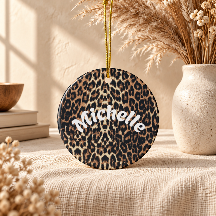 Leopard Print Personalized Ceramic Ornament Custom Name Holiday Decoration Circle, Heart, Star or Snowflake