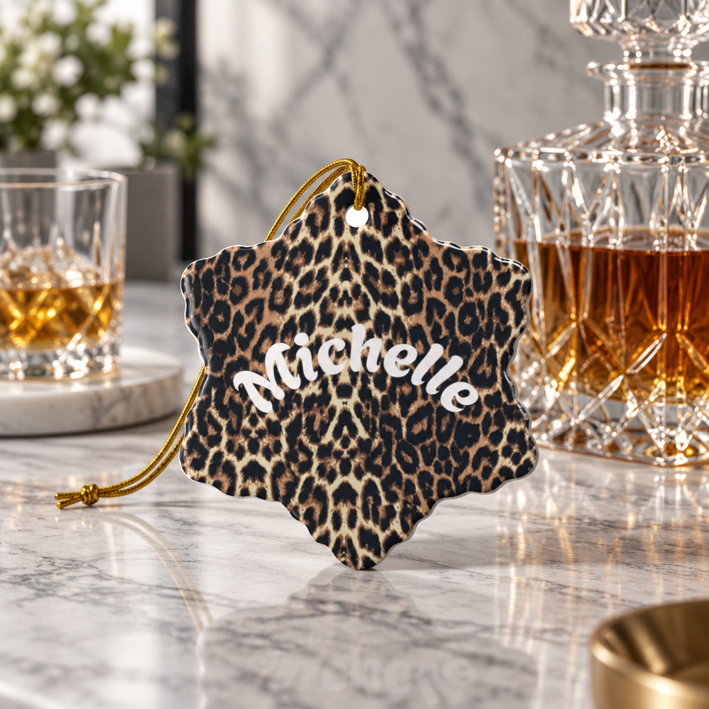 Leopard Print Personalized Ceramic Ornament Custom Name Holiday Decoration Circle, Heart, Star or Snowflake