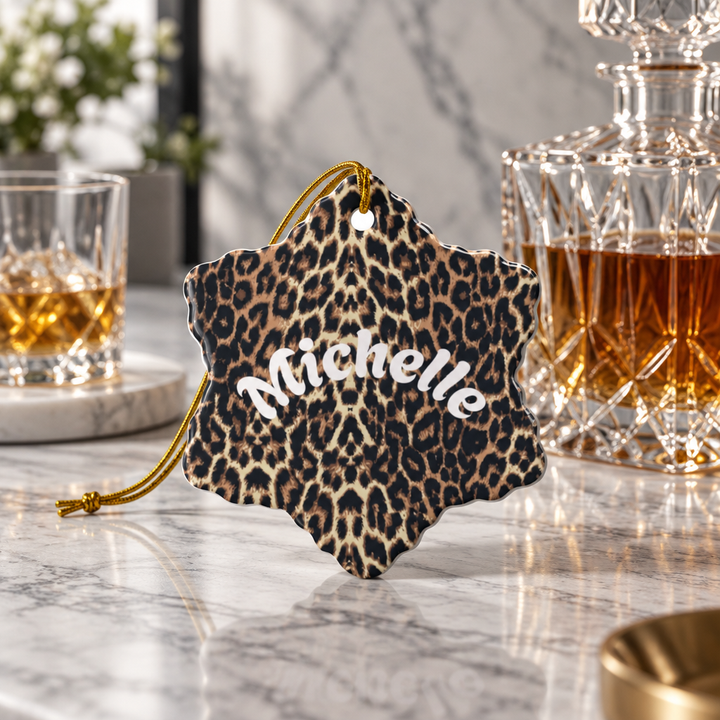 Leopard Print Personalized Ceramic Ornament Custom Name Holiday Decoration Circle, Heart, Star or Snowflake