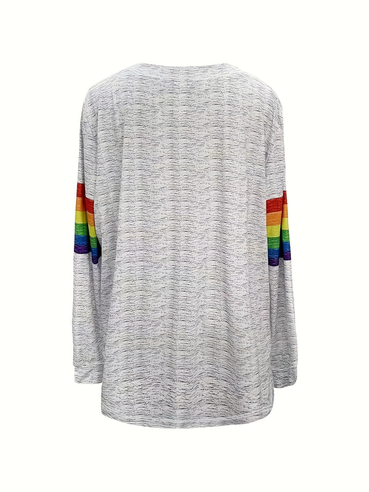 Plus Size Rainbow Stripe Print Long Sleeve T-shirt