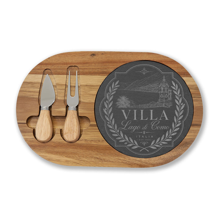 Villa Lago di Como Engraved Charcuterie Board Set Design with Slate Insert & Cheese Knives