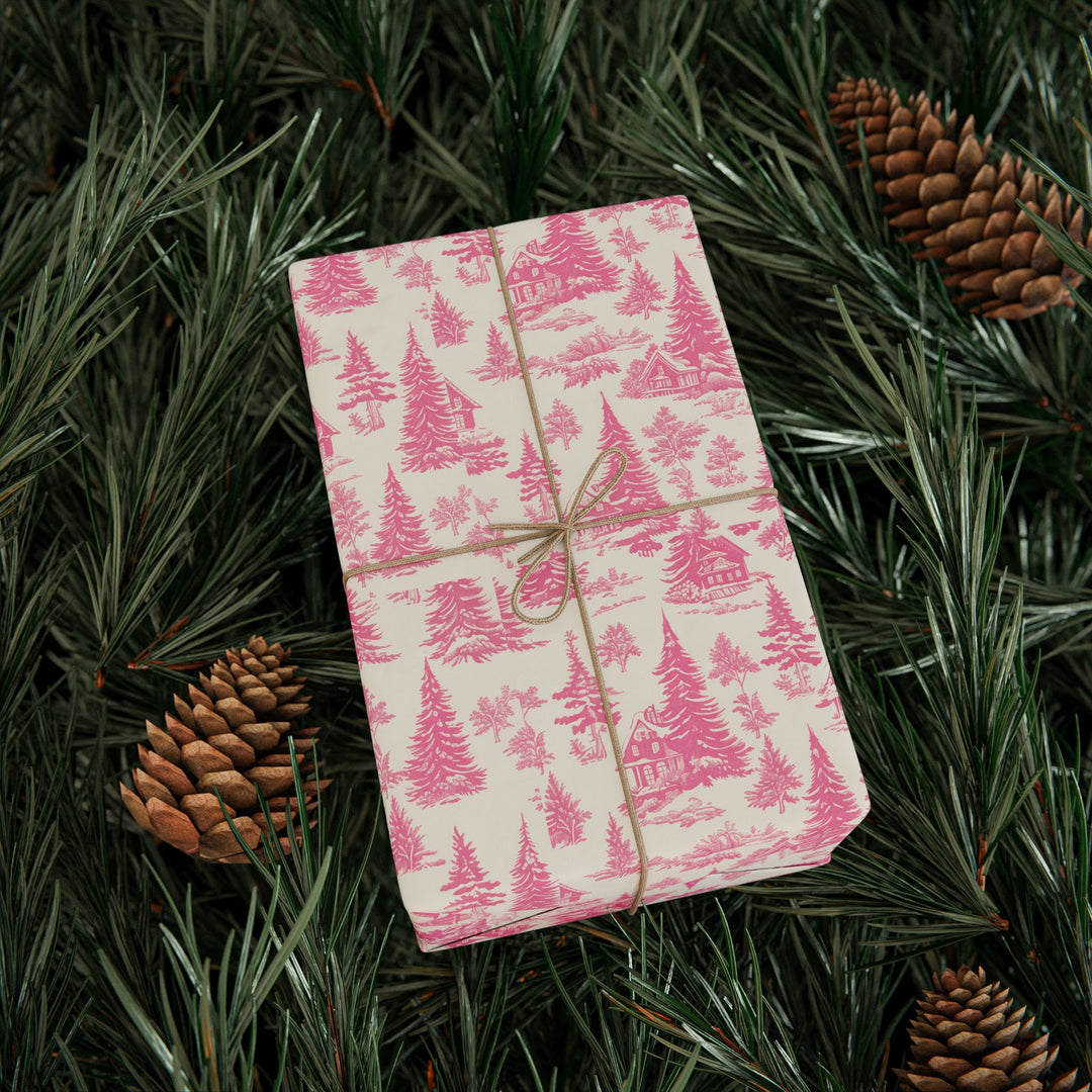 Pink Toile Wrapping Paper Roll — Vintage Cottage Pattern Gift Wrap for Birthdays, Bridal, Mother’s Day