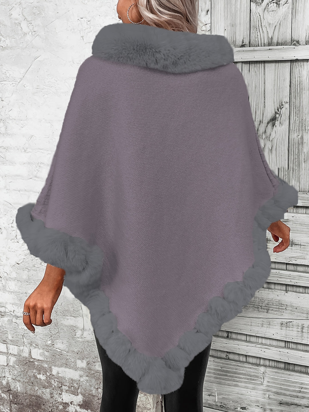 Fur-Trim Hanky Hem Pullover Sweater, Elegant Long Sleeve Turtle Neck Pancho For Winter, Women's Clothing
