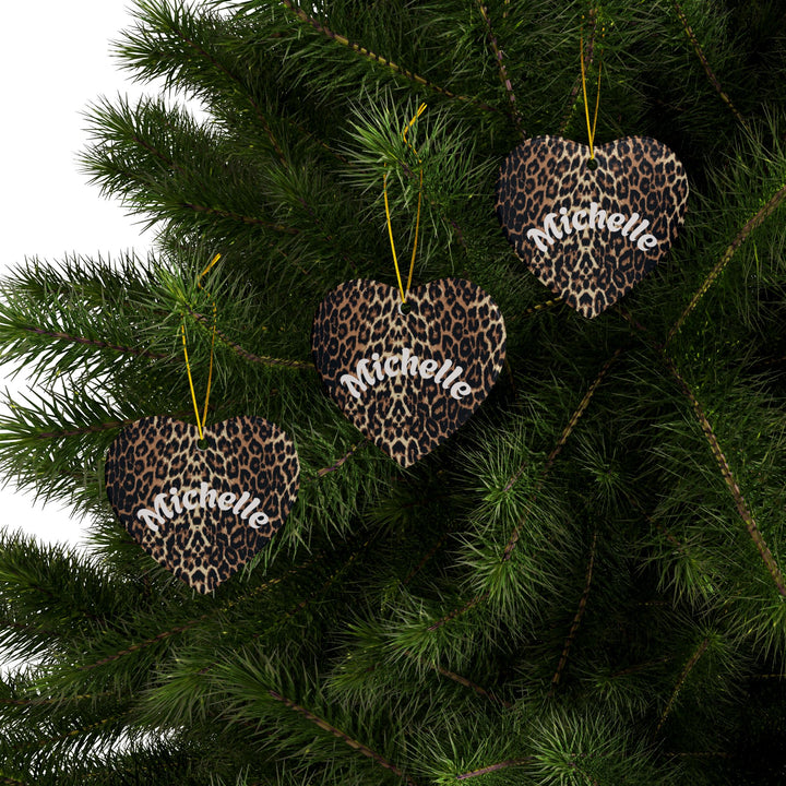 Leopard Print Personalized Ceramic Ornament Custom Name Holiday Decoration Circle, Heart, Star or Snowflake
