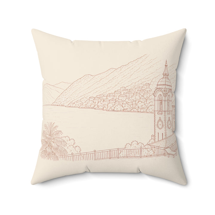 Villa Lago di Como Lakefront Sketch Faux Suede Pillow Coastal Charm Square Throw Pillow