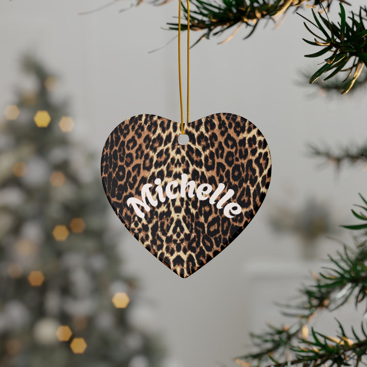 Leopard Print Personalized Ceramic Ornament Custom Name Holiday Decoration Circle, Heart, Star or Snowflake