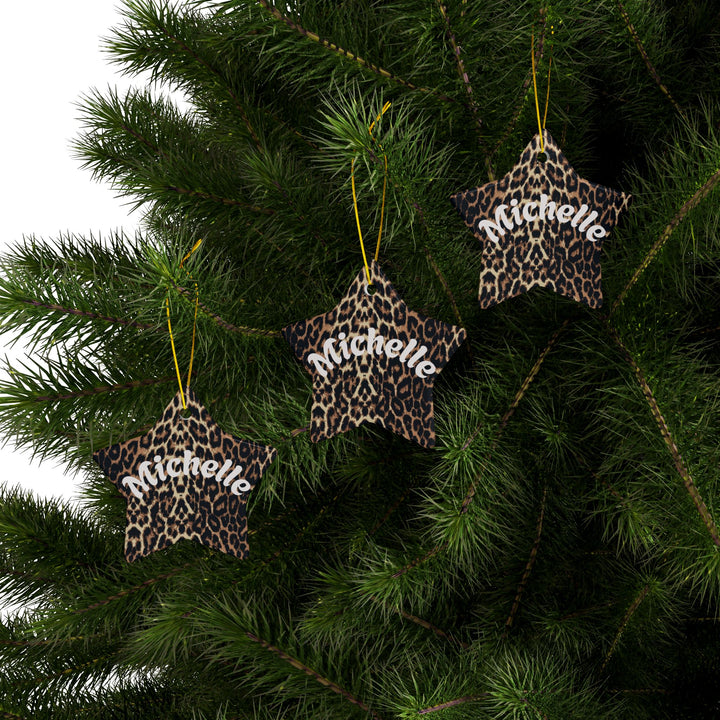 Leopard Print Personalized Ceramic Ornament Custom Name Holiday Decoration Circle, Heart, Star or Snowflake