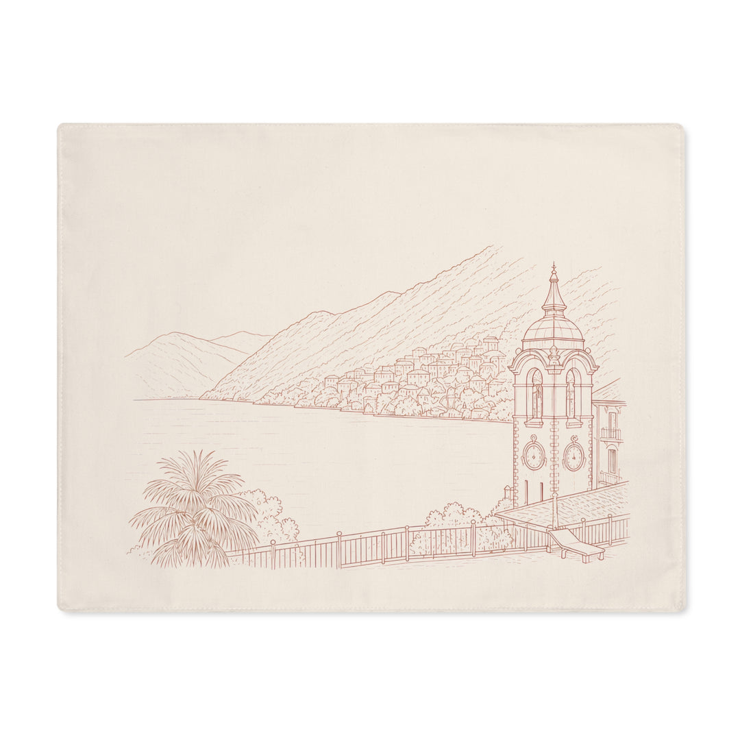 Villa Lago di Como Mediterranean Coastal Sketch Placemat Hand-Drawn Lakefront Scene