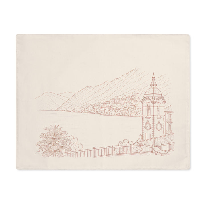 Villa Lago di Como Mediterranean Coastal Sketch Placemat Hand-Drawn Lakefront Scene