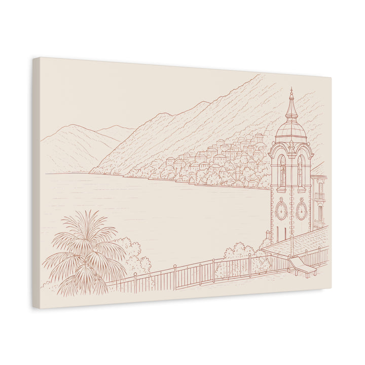 Villa Lago di Como Coastal Sketch Canvas Print  Minimal Seaside Wall Art