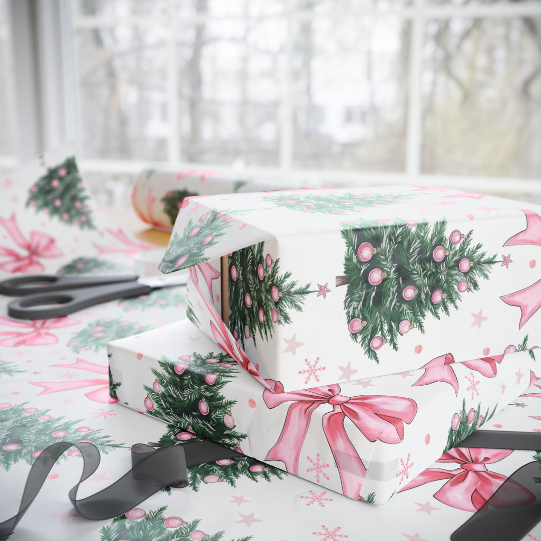 Festive Christmas Wrapping Paper with Pink Bows and Wreaths