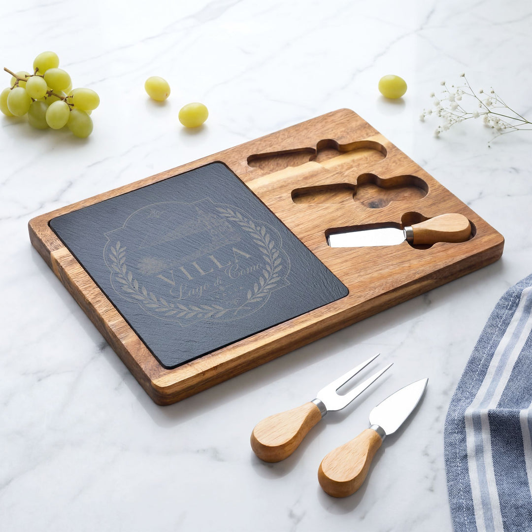 Villa Lago di Como Engraved Charcuterie Board Set Design with Slate Insert & Cheese Knives
