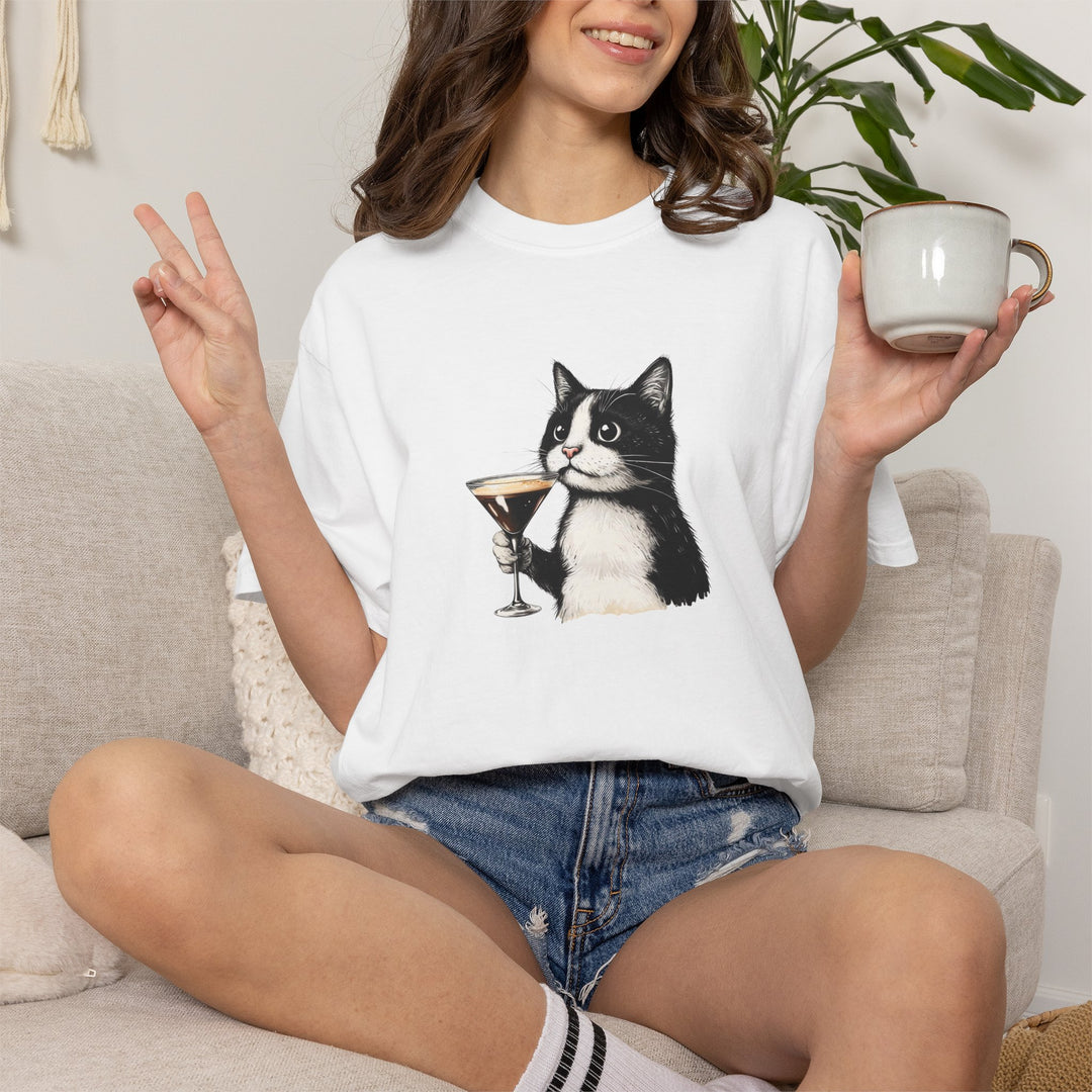 Cat with Cocktail TShirt Tuxedo Cat Drinking Martini Cute Graphic Tee