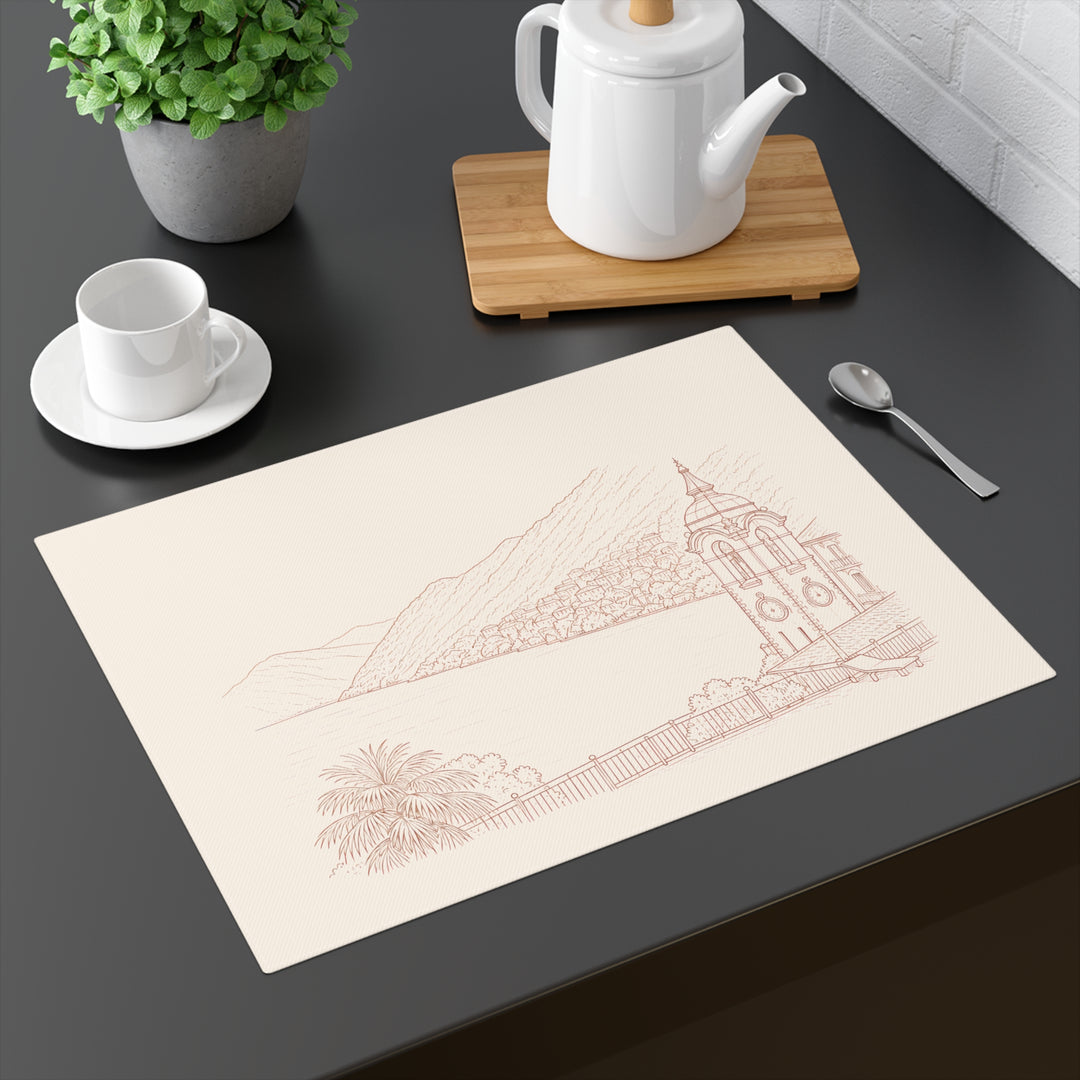 Villa Lago di Como Mediterranean Coastal Sketch Placemat Hand-Drawn Lakefront Scene