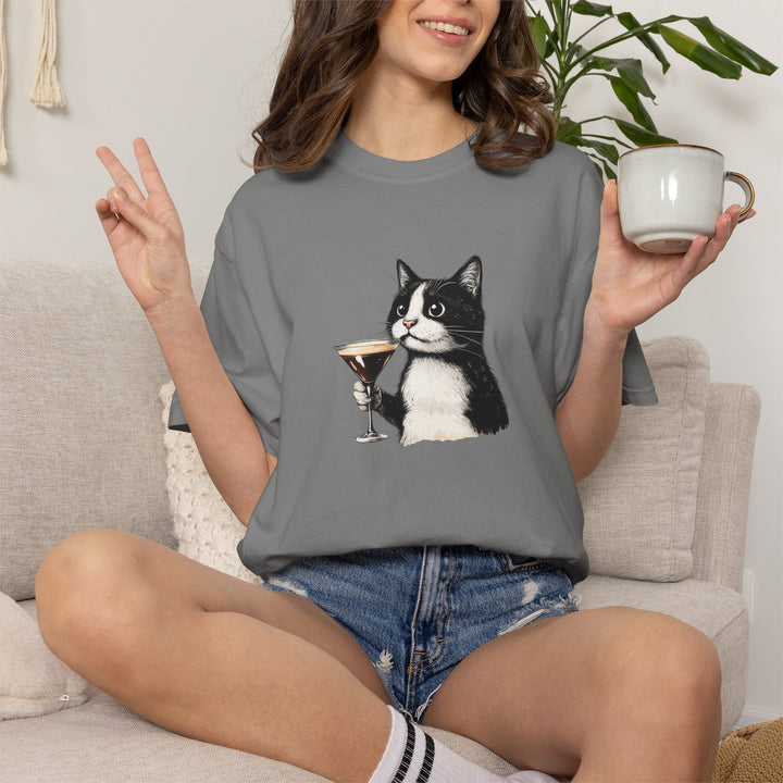 Cat with Cocktail TShirt Tuxedo Cat Drinking Martini Cute Graphic Tee