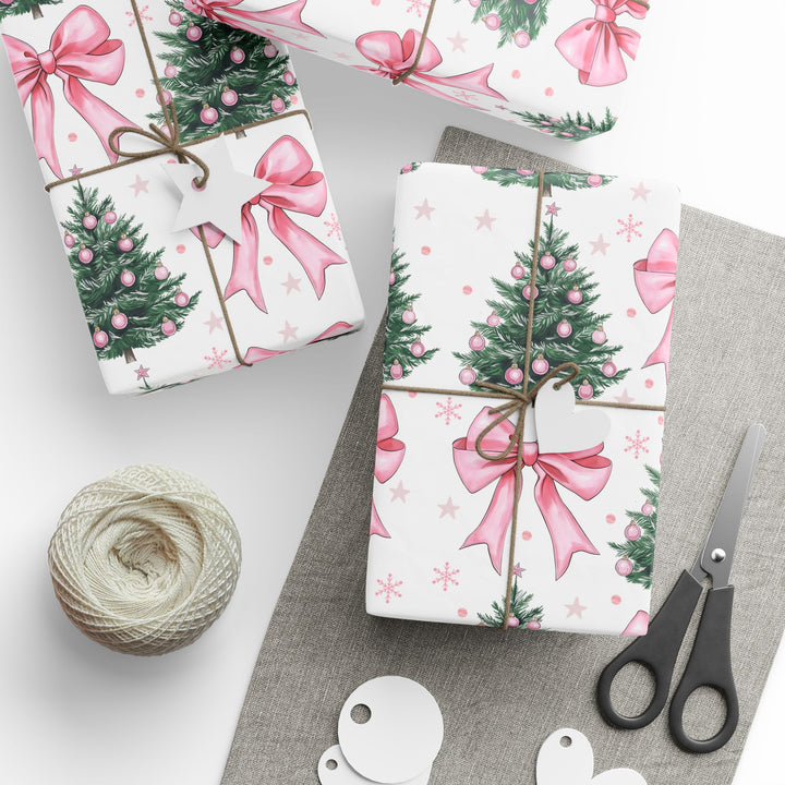 Festive Christmas Wrapping Paper with Pink Bows and Wreaths