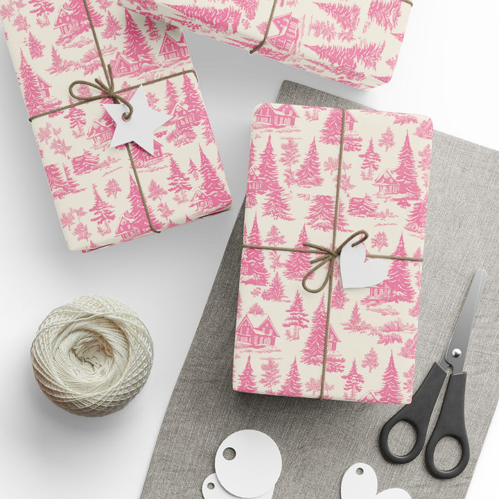 Pink Toile Wrapping Paper Roll — Vintage Cottage Pattern Gift Wrap for Birthdays, Bridal, Mother’s Day