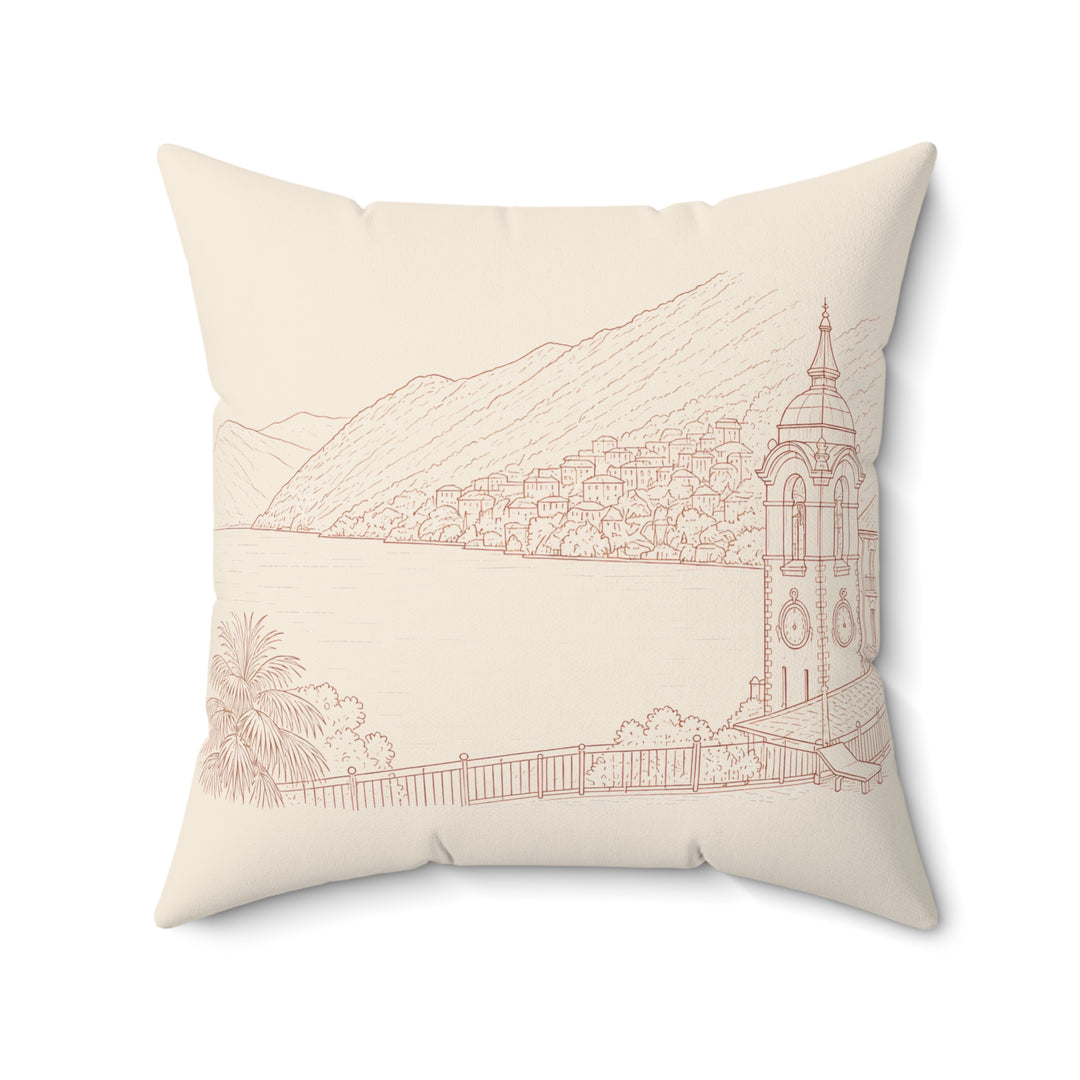 Villa Lago di Como Lakefront Sketch Faux Suede Pillow Coastal Charm Square Throw Pillow