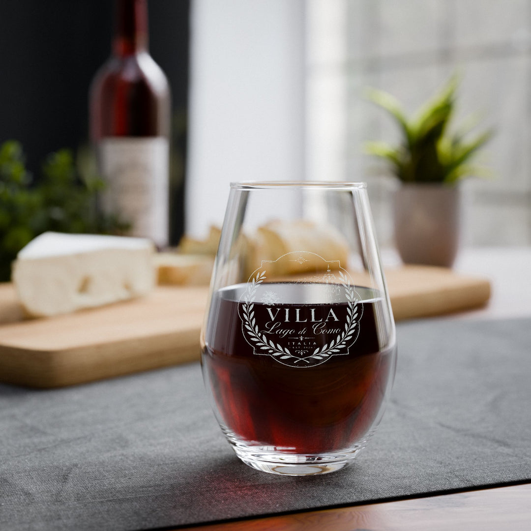 Villa Lago di Como Engraved Stemless Wine Glass 11.5oz Wreath Design