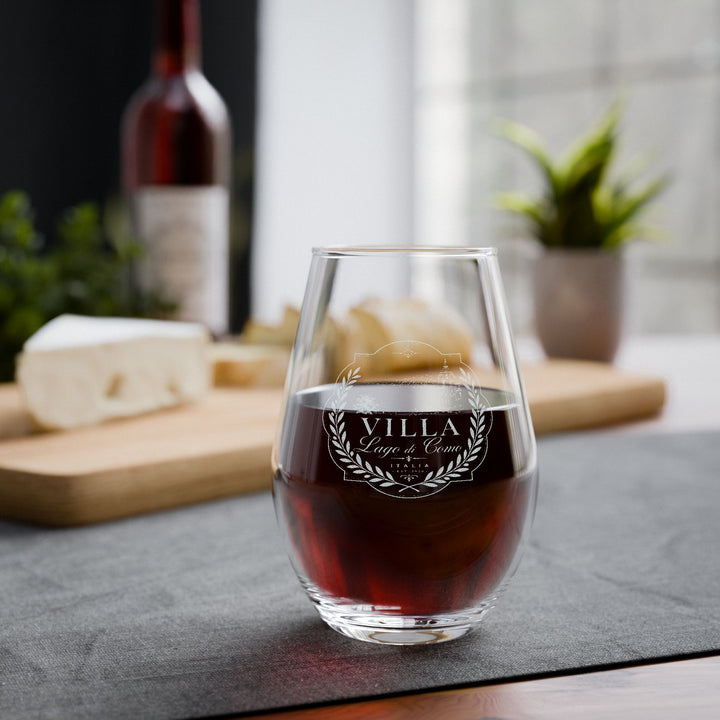 Villa Lago di Como Engraved Stemless Wine Glass 11.5oz Wreath Design