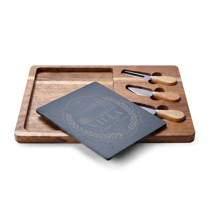 Villa Lago di Como Engraved Charcuterie Board Set Design with Slate Insert & Cheese Knives