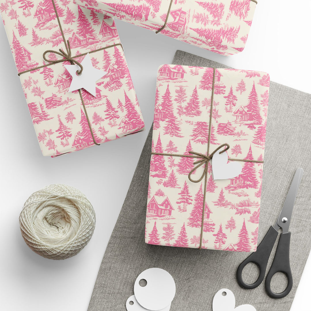 Pink Toile Wrapping Paper Roll — Vintage Cottage Pattern Gift Wrap for Birthdays, Bridal, Mother’s Day