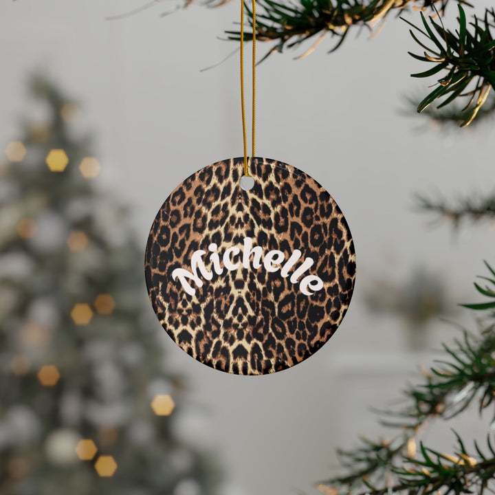 Leopard Print Personalized Ceramic Ornament Custom Name Holiday Decoration Circle, Heart, Star or Snowflake
