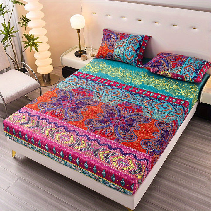 3pcs Bohemian Floral Fitted Sheet Set