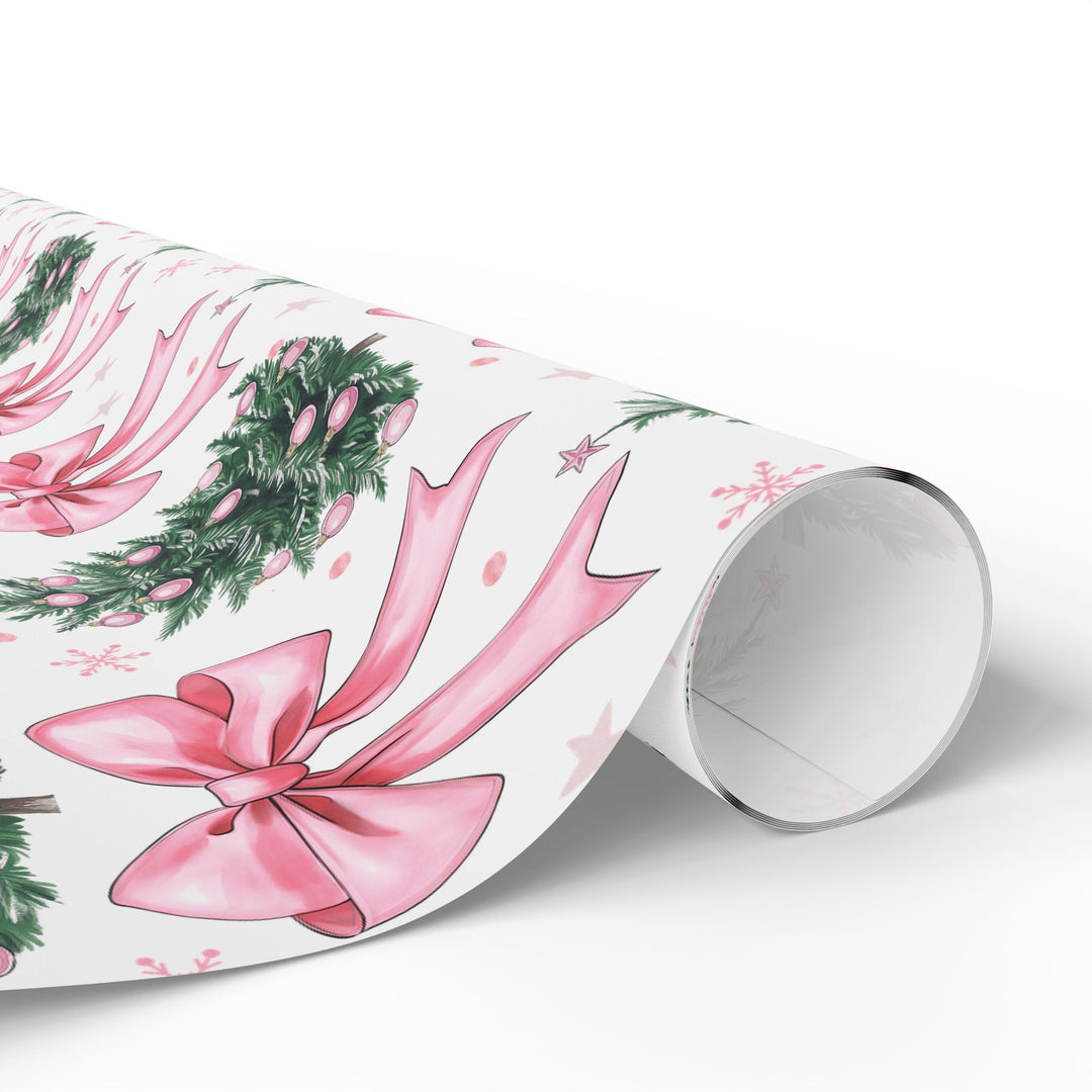 Festive Christmas Wrapping Paper with Pink Bows and Wreaths