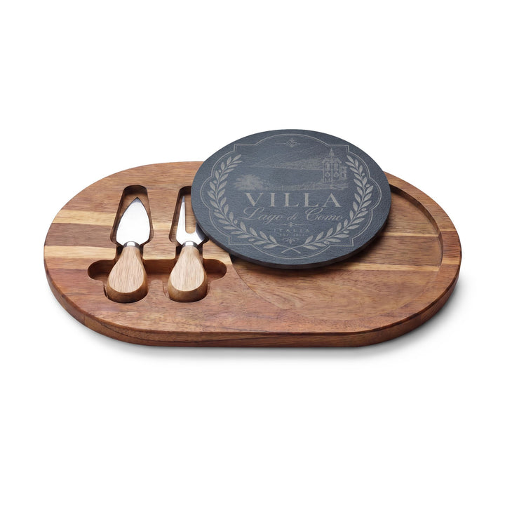 Villa Lago di Como Engraved Charcuterie Board Set Design with Slate Insert & Cheese Knives