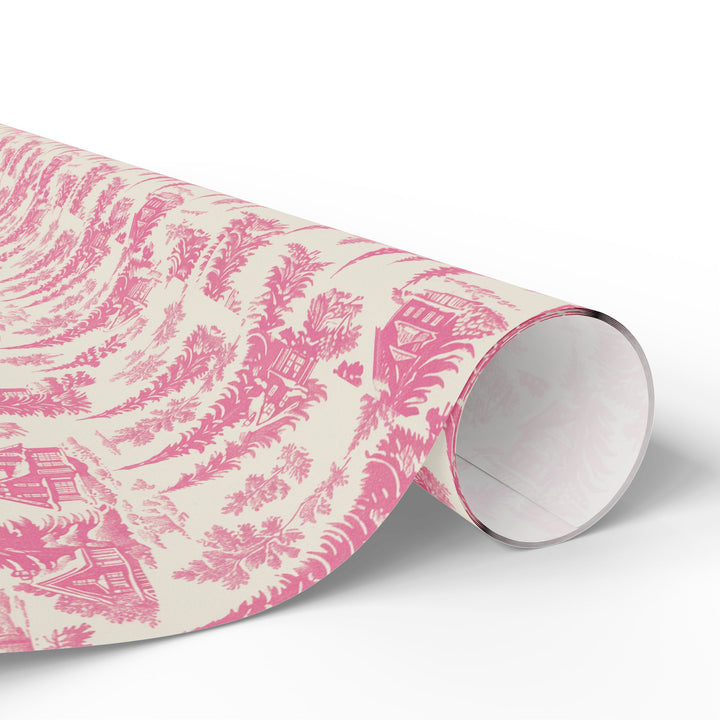Pink Toile Wrapping Paper Roll — Vintage Cottage Pattern Gift Wrap for Birthdays, Bridal, Mother’s Day