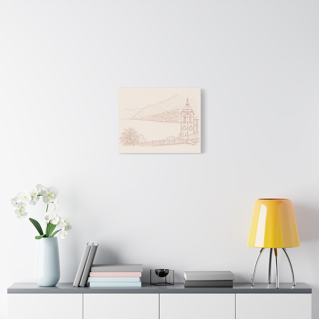 Villa Lago di Como Coastal Sketch Canvas Print  Minimal Seaside Wall Art