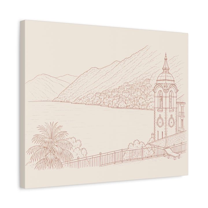 Villa Lago di Como Coastal Sketch Canvas Print  Minimal Seaside Wall Art