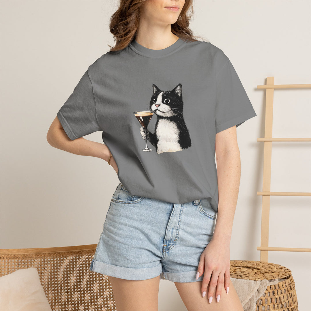 Cat with Cocktail TShirt Tuxedo Cat Drinking Martini Cute Graphic Tee