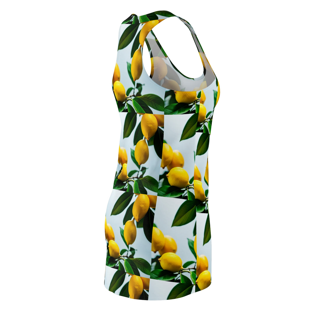 "Vintage Lemon Print Racerback Tank Dress: Refreshing Summer Garden Style for Women, Racerback Dress with Yellow Citrus Pattern, Perfect for Casual Outings, Picnics, Outdoor Events
