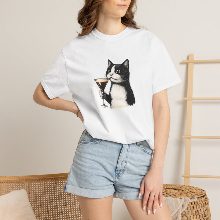 Cat with Cocktail TShirt Tuxedo Cat Drinking Martini Cute Graphic Tee